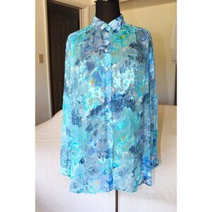 Louise Sheer Silk Blend Floral Blouse Pearl Buttons Long Sleeves Italy Size 2X?